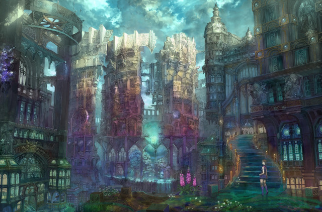 Fantasy city staircase tower clock free wallpaper - medium preview image