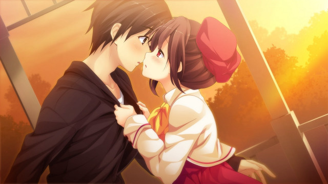 Couple kissing window trees sunset free wallpaper - medium preview image