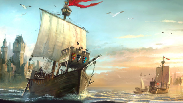 Ship ocean flag lighthouse painting free wallpaper - medium preview image