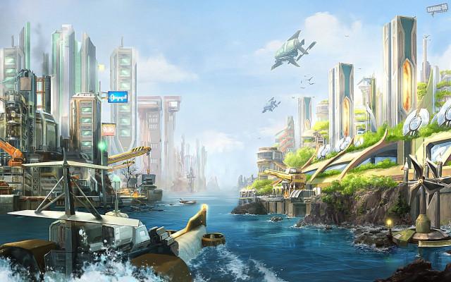 Futuristic city waterfront modern architecture free wallpaper - medium preview image