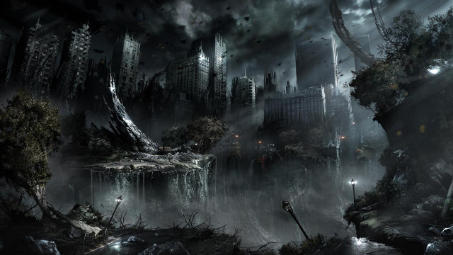 Dark city trees buildings background free wallpaper - medium preview image