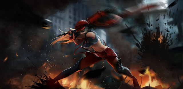 Woman red uniform running fire free wallpaper - medium preview image