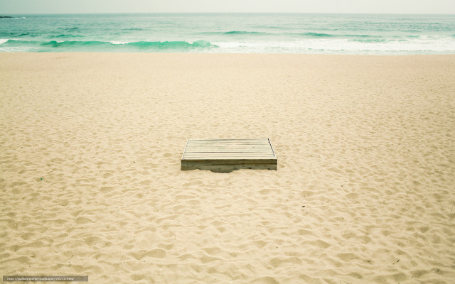 Wooden bench sandy beach ocean free wallpaper - medium preview image