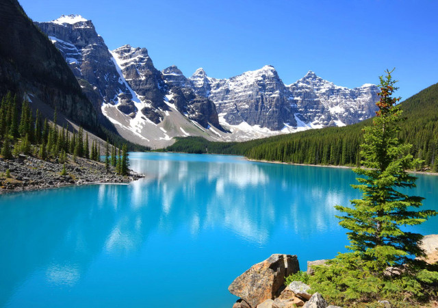 Blue lake mountains trees snow free wallpaper - medium preview image