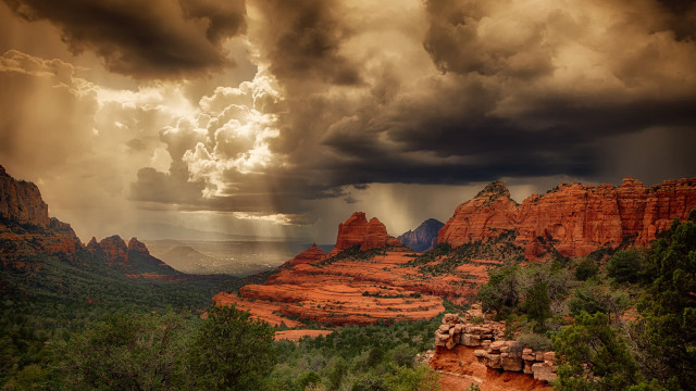 Mountain forest rocks sunset cloudy free wallpaper - medium preview image