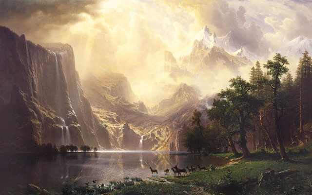 Mountain horses lake waterfall clouds free wallpaper - medium preview image