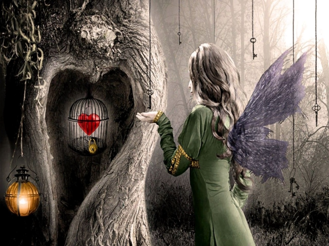 Girl green dress birdcage tree free wallpaper - medium preview image