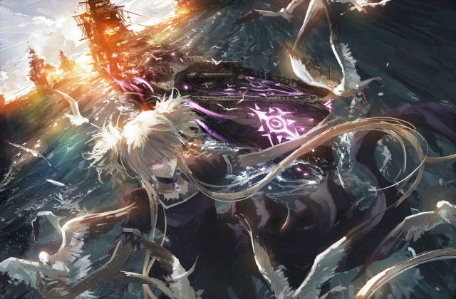Woman sword painting ship background free wallpaper - medium preview image