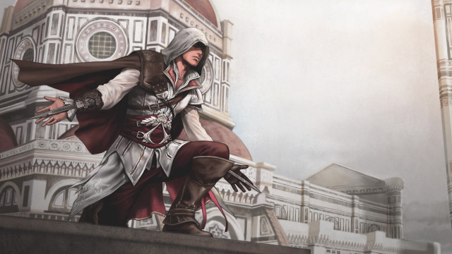 Man white outfit sword building free wallpaper - medium preview image