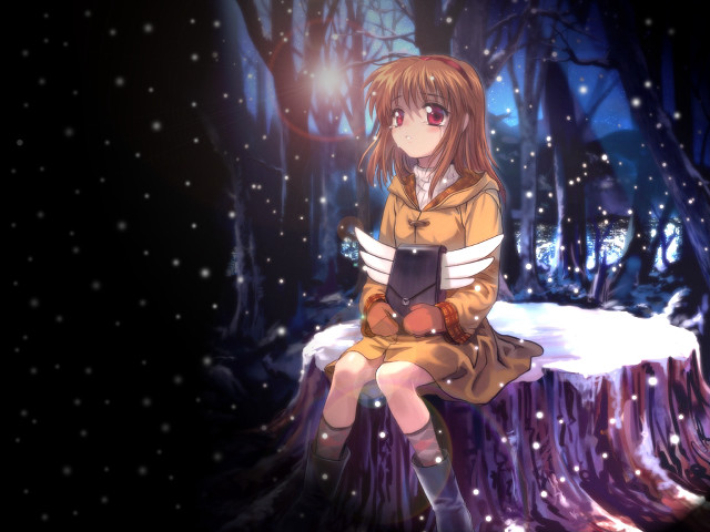 Girl sitting tree stump snow free wallpaper - medium preview image