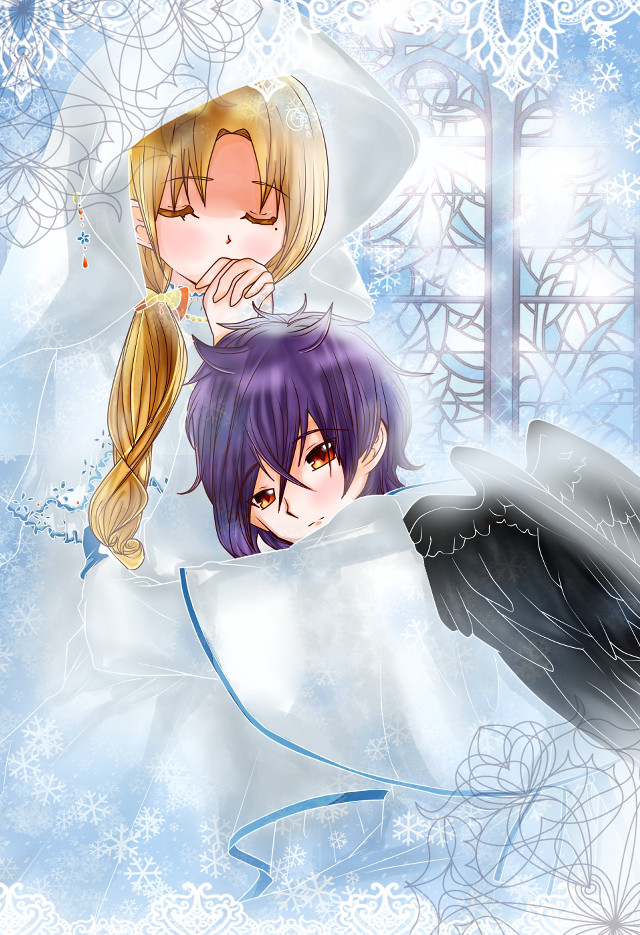 Anime characters hugging snowy scene free wallpaper - medium preview image