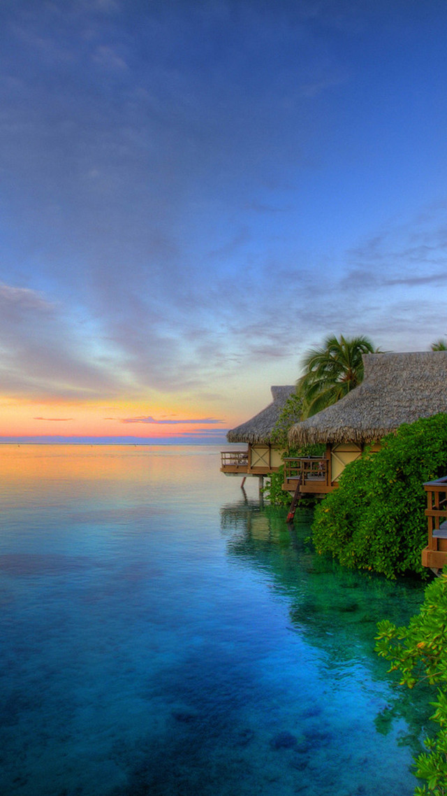Tropical resort dock hut sunset free wallpaper - medium preview image