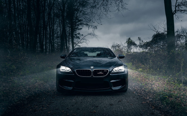 Black car parked road woods free wallpaper - medium preview image