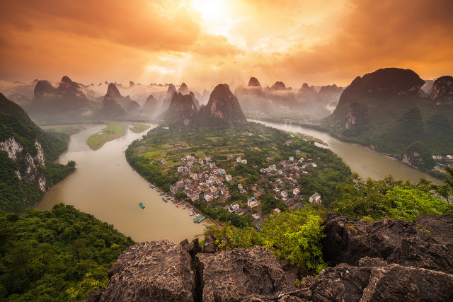 River mountains city cloudy sky free wallpaper - medium preview image