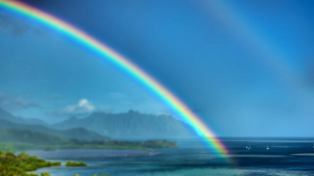 Rainbow water mountain boat scenery free wallpaper - medium preview image