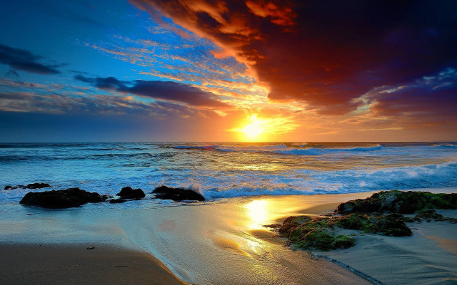 Sunset ocean beach rocks foreground free wallpaper - medium preview image