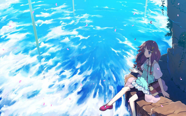 Girl sitting water wave crashing free wallpaper - medium preview image