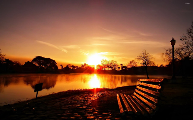 Bench lake sunset dawn sky free wallpaper - medium preview image