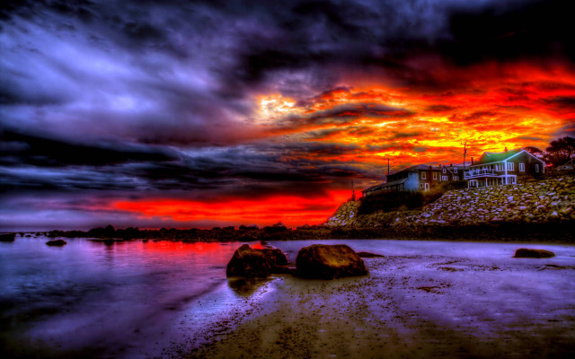Red orange sunset beach rocks free wallpaper - medium preview image
