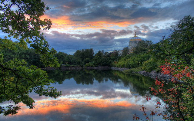 Lake tower trees sunset dawn free wallpaper - medium preview image
