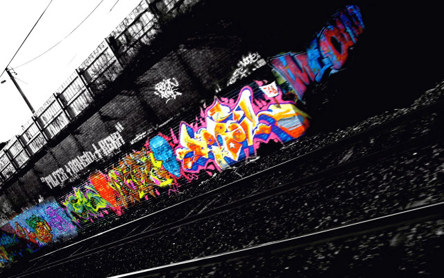 Train graffiti bridge powerlines cityscape free wallpaper - medium preview image