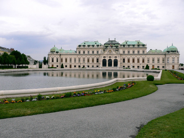 Large building pond walkway leading free wallpaper - medium preview image