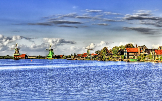 River houses windmills cloudy sky #3 free wallpaper - medium preview image