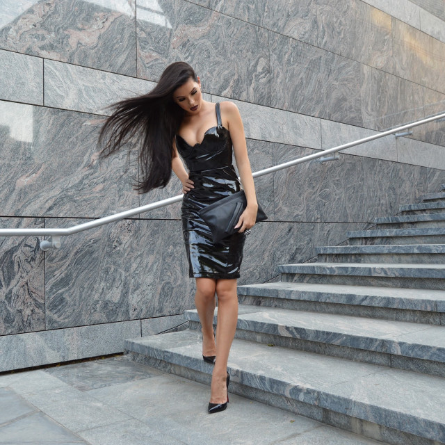 Woman black dress stairs hair free wallpaper - medium preview image