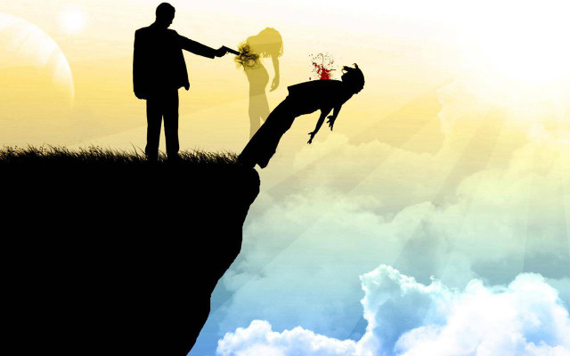 Man woman cliff dog hand free wallpaper - medium preview image