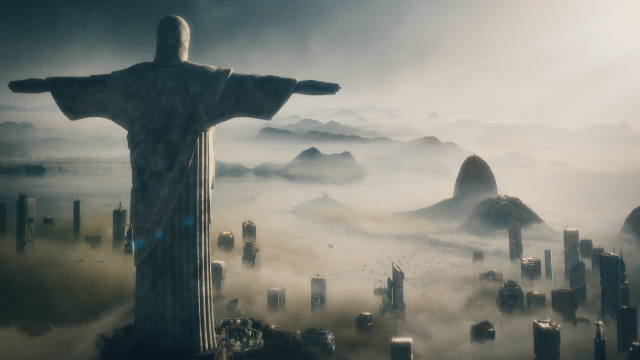 Christ statue fog mountains city free wallpaper - medium preview image