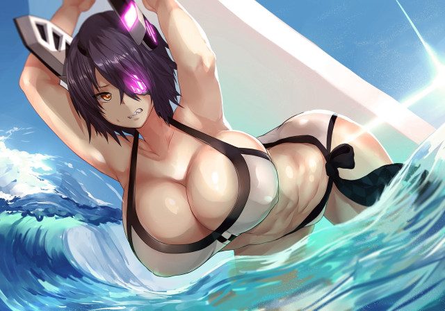 Cartoon woman bikini surfboard ocean free wallpaper - medium preview image