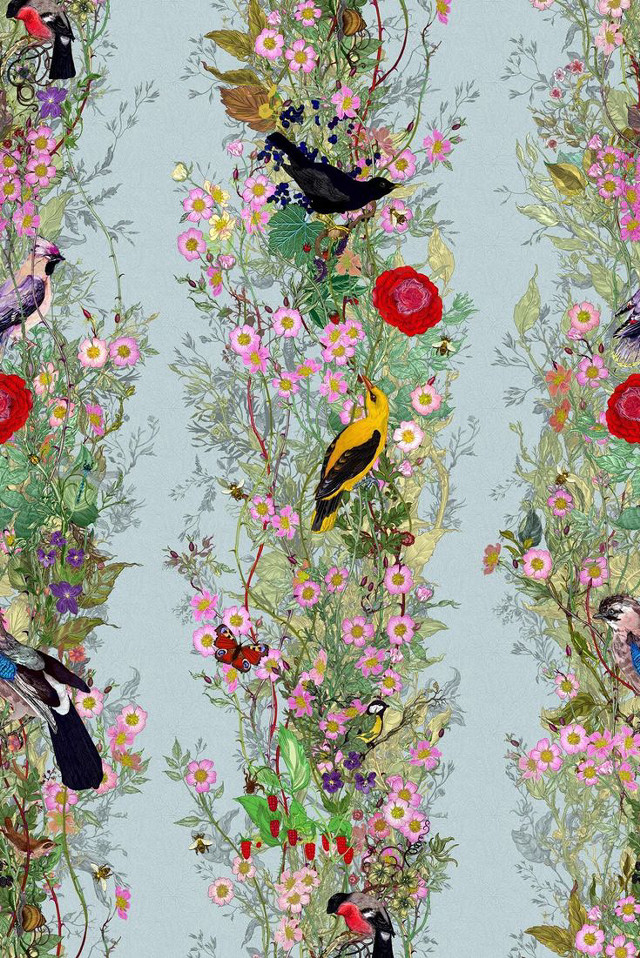 Blue background birds flowers pattern free wallpaper - medium preview image