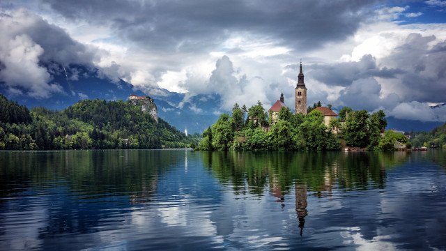 Castle island lake mountain clouds free wallpaper - medium preview image