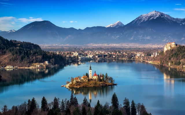 Island lake mountains trees church free wallpaper - medium preview image