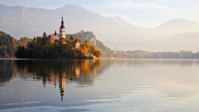 Church island lake mountains foggy free wallpaper - medium preview image