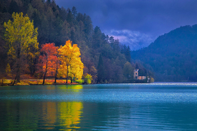 Lake church trees cloudy sky free wallpaper - medium preview image