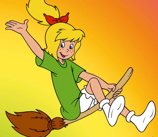 Cartoon girl riding broom red free wallpaper - medium preview image