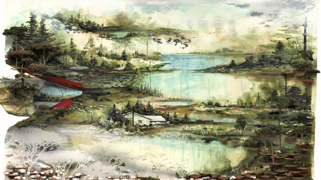 Lake house trees bird flying free wallpaper - medium preview image