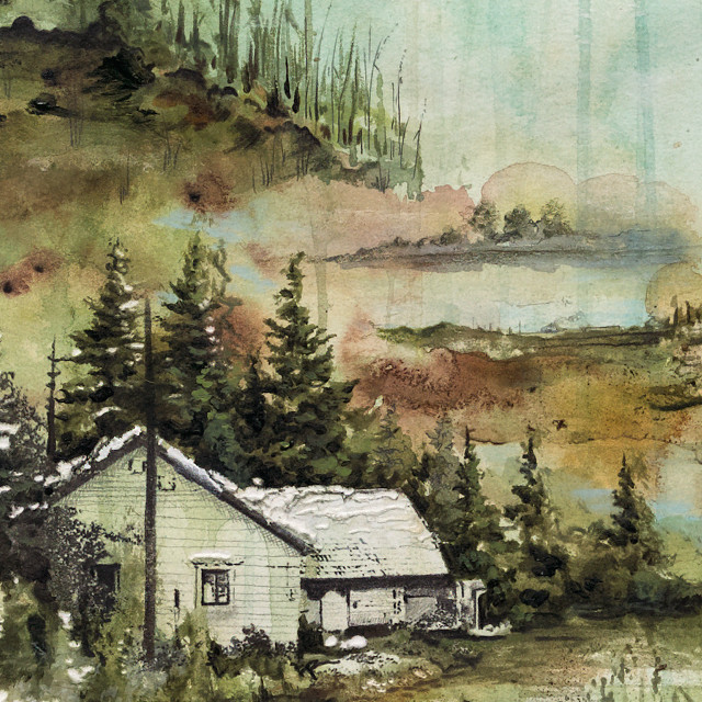 House woods mountain lake painting free wallpaper - medium preview image