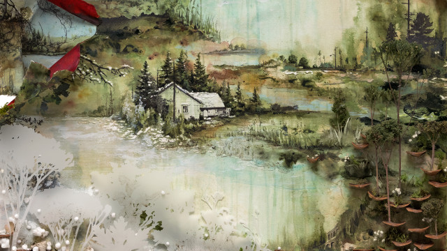 House forest red umbrella lake free wallpaper - medium preview image