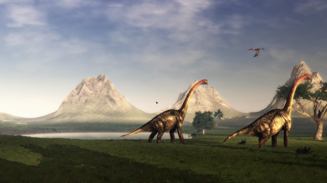 Dinosaurs walking field mountains bird free wallpaper - medium preview image