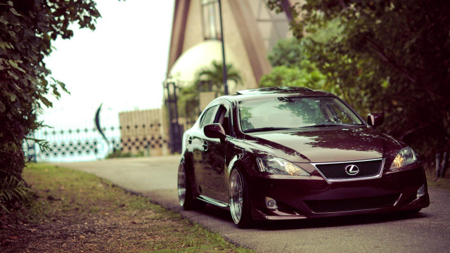 Black car tree fence building free wallpaper - medium preview image