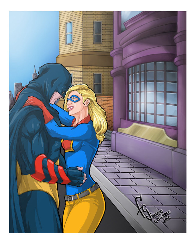 Woman hugging batman city street free wallpaper - medium preview image