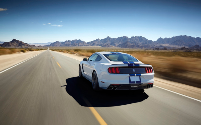 White mustang desert road mountains free wallpaper - medium preview image