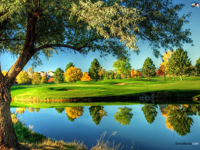 Golf course pond trees blue free wallpaper - medium preview image