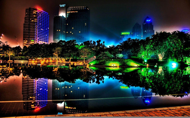 City skyline lake trees nighttime #2 free wallpaper - medium preview image