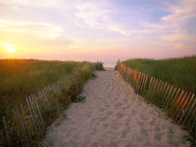 Sunset beach path fence grass free wallpaper - medium preview image