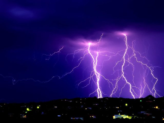 Purple sky lightning city buildings free wallpaper - medium preview image