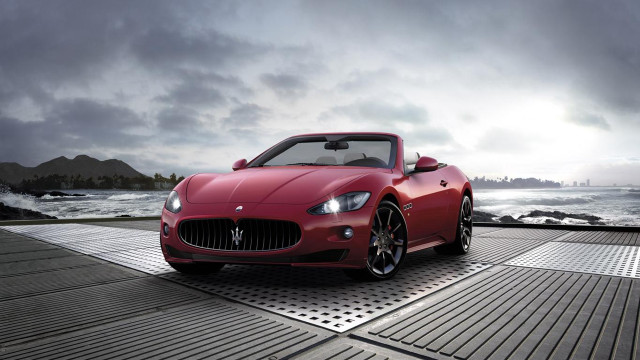 Red maserati dock ocean cloudy free wallpaper - medium preview image