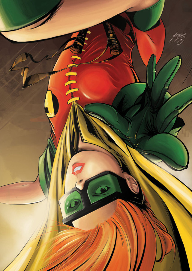Woman green mask red shirt free wallpaper - medium preview image